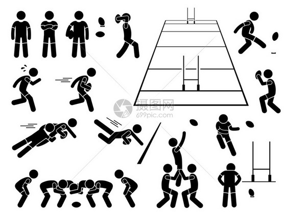 一组人类象形图代表橄榄球运动员的动作和姿势运动图片
