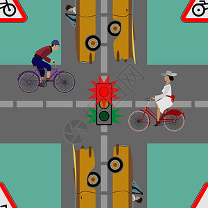 交通灯光和路上的标志移动许多汽车和骑自行车的人图片