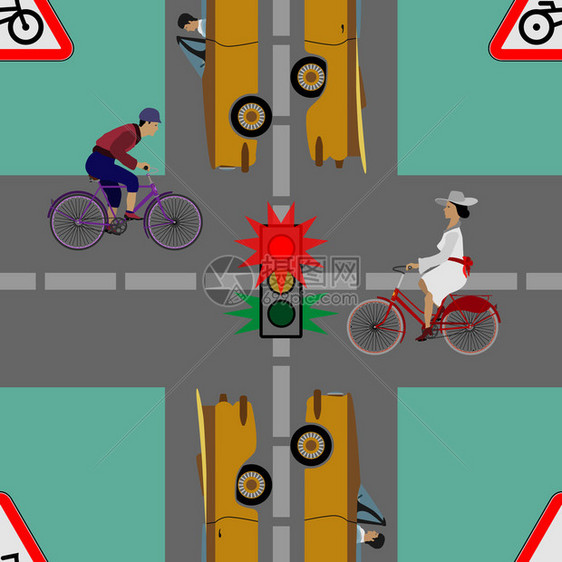 交通灯光和路上的标志移动许多汽车和骑自行车的人图片