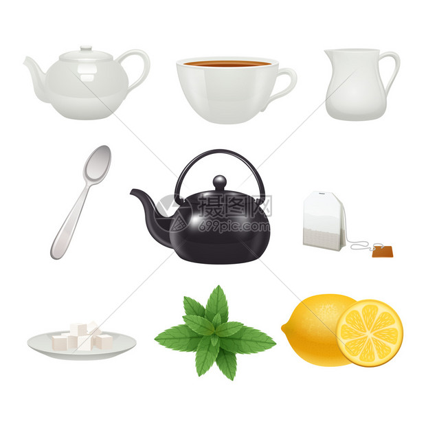 英国传统茶时间瓷杯壶图标设置薄荷味茶包逼真图片