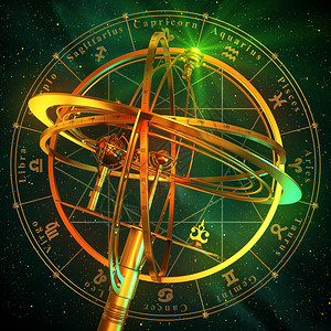 以Zodiac符号覆盖绿背景的圆形环球图片