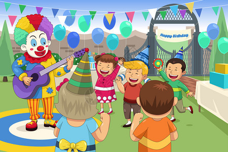 孩子生日派对上小丑的矢量图解图片
