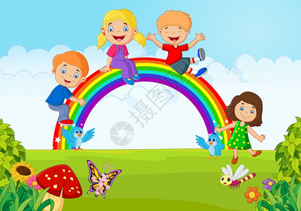 卡通快乐的孩子们坐在森林彩虹上图片