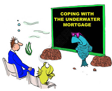 在水下发生的商业卡通鱼儿正在教授关于与水下抵押贷款相比的图片
