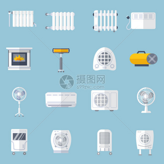 热和冷暖空调平板图标设置孤图片