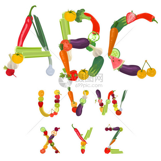 由水果和蔬菜制成的字母矢量图片