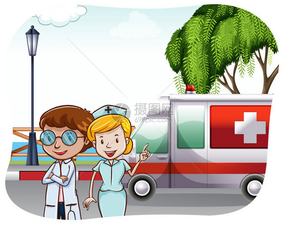 一名医生和一名护士站在街上一辆救图片