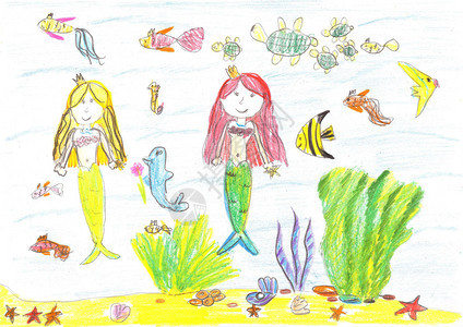 美人鱼乌龟海星的儿童画图片
