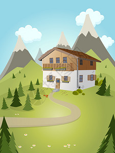 田园诗般的卡通房子背景是山脉图片