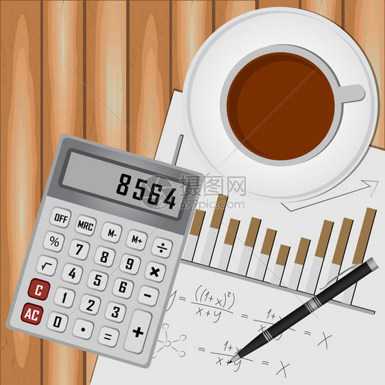 咖啡杯和带有数字和图表的纸上的计算器图片