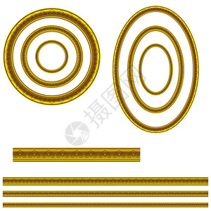 以圆形奥华和袋状金色形式在白底色背景上刻雕图片
