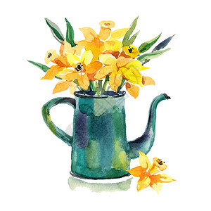 水彩手绘咖啡壶与鲜花卡片设计图片