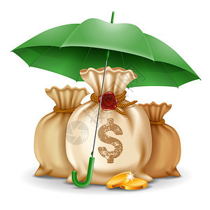 绿色保护伞下的三袋钱和金币图片
