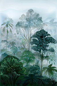 迷雾湿漉的荒野雨林矢量风景图片
