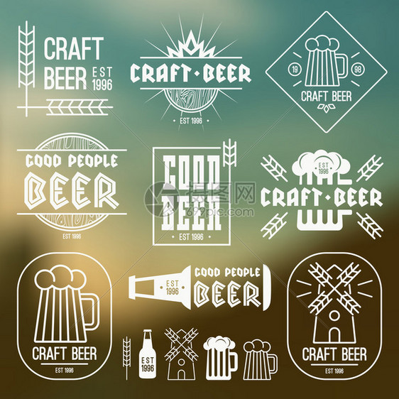 手制啤酒酿的徽章标签和设计要素模糊图片