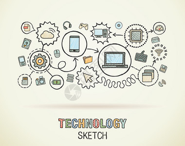 技术手绘综合素描图标矢量涂鸦交互式象形图集纸上连接的信息图表背景图片