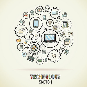 技术手绘综合素描图标矢量涂鸦交互式象形图集纸上连接的信息图表背景图片