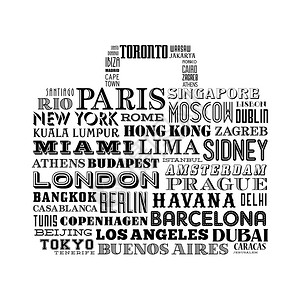 由世界各地著名城市名称组成的旅行包形图片