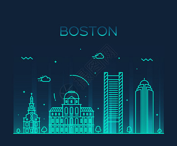 Boston详细描述silhouetteTrendy矢量说明线风格的波士顿天际背景图片