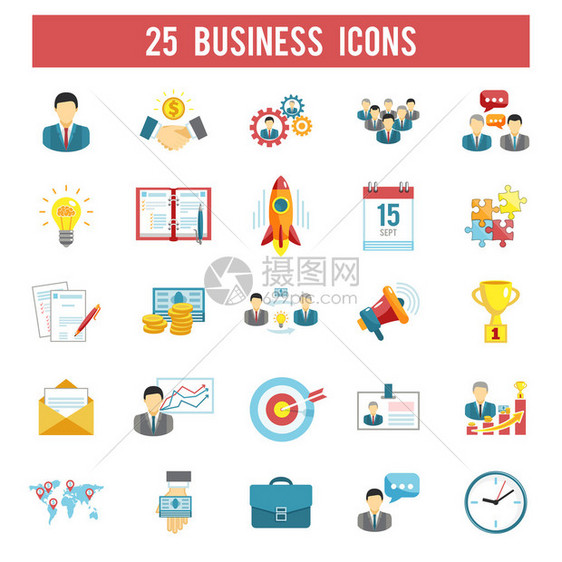 25个平面象形图符号的管理人员成功启动商业盈利原则图片