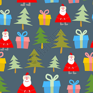 老人重阳圣诞老人礼物和圣诞树圣诞无缝模式新年符插画
