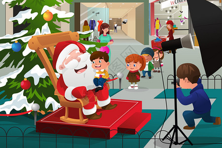 一个矢量插图儿童排在商场等待着和圣诞老人拍图片