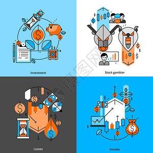 沙漏投资和金钱线图标设置与损失和收入平面插画