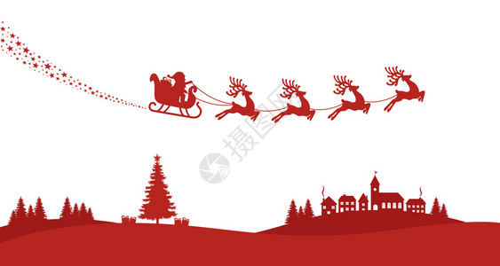 圣诞老人雪橇驯鹿飞红色侧影背景图片