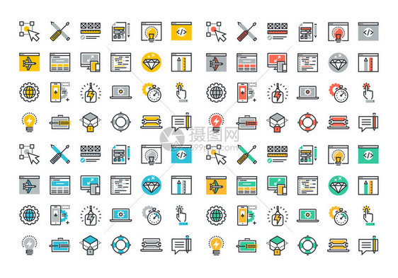 扁平线彩色图标集合网页设计和开发响应式设计应用程序开发在线安全网络编程图片