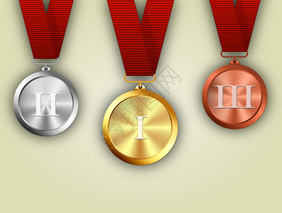 带有闪亮金属表面和罗马数字的缎带上的金银和铜牌代表一二和三图片