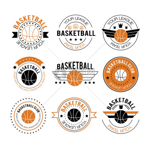 篮球用月桂花环篮球皇冠和星设置复古标志标签和标志或符号线风图片