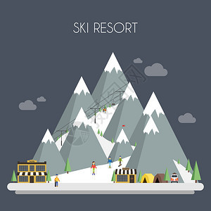 滑雪胜地山地景观矢量平面插图图片