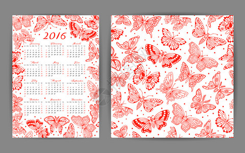 2016日历年和无缝模式配有装饰蝴蝶图片