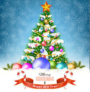 新年和圣诞快乐冬季背景与圣诞tre和圣诞球矢量图贺卡或图片