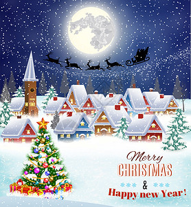 老人重阳新年和圣诞冬季景观与圣诞树背景与月亮和圣诞老人在雪橇上飞行的剪影贺卡或明信片的插画