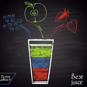 蓝莓苹果草莓汁的彩色粉笔画插图信息图表健身主题图片