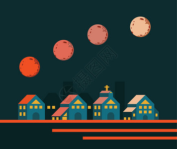 超月在城市上空升起平面设计元图片