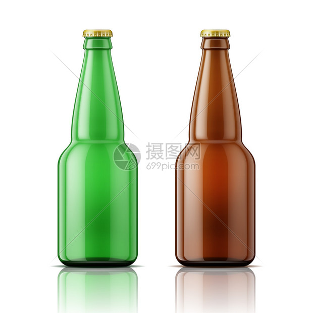 白色背景上带盖的空啤酒瓶模板绿色和棕色玻璃矢量图片