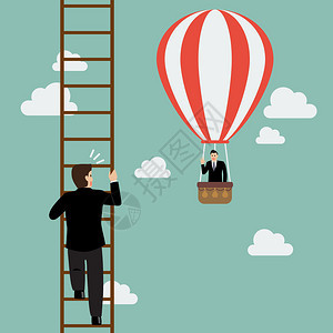 在热气球飞行的商人通过爬梯子的商人图片