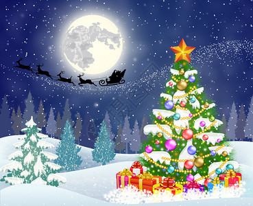 夜空背景与圣诞树和礼品盒月亮和圣诞老人的剪影在驯鹿拉的雪橇上飞翔贺卡或明信片的图片