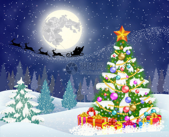 夜空背景与圣诞树和礼品盒月亮和圣诞老人的剪影在驯鹿拉的雪橇上飞翔贺卡或明信片的图片