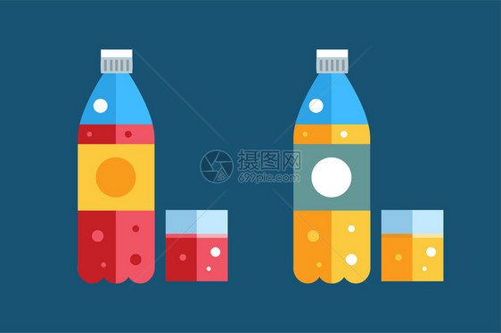 水苏打水和果汁或茶瓶矢量图矢量瓶图标集纯净水新鲜果汁天然饮品孤立的水瓶汽水瓶矢量图片