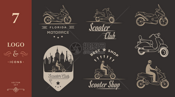 设置矢量老式摩托车和摩托车标志徽章标志图标和孤立的轮廓图片