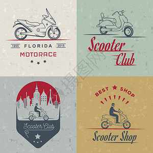 设置矢量老式摩托车和摩托车标志徽章标志图标和孤立的轮廓图片