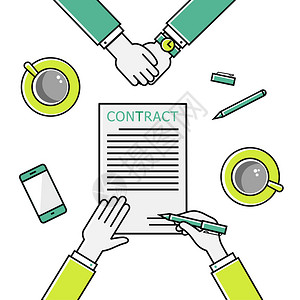持有合同和笔的商人手签署条约商业合同定额设计矢量线图标示ACONF图片