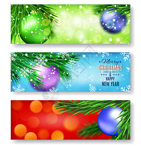 设置三个水平横幅与圣诞节和新年冷杉树枝上带球的模糊背景您图片