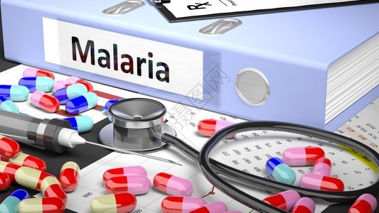 以不同的药丸胶囊显像镜注射器标有Malaria的浅蓝图片