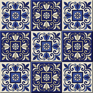 来自深蓝色和白色摩洛哥葡萄牙瓷砖阿祖莱霍装饰品的美丽无缝模式图片
