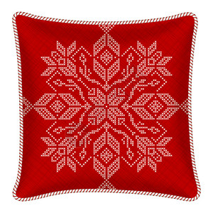 带有刺绣枕套的矢量枕头传统的斯堪的纳维亚圣诞装饰品彩红白雪花以交叉缝合模图片