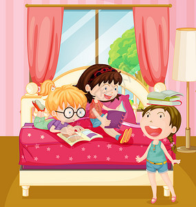 孩子们在卧室里看书插画图片